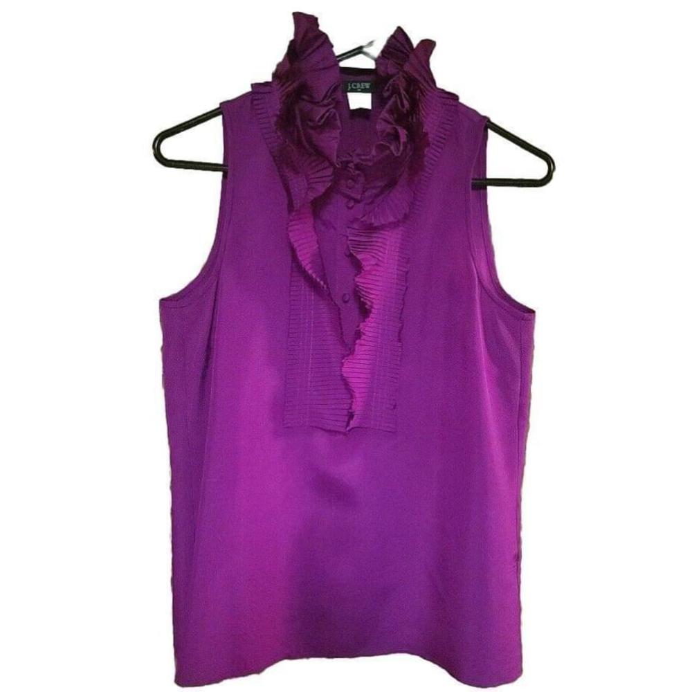 J Crew 100% Silk Ruffle Collar/Neckline/6 button Blouse Top, size 2 Fucshia